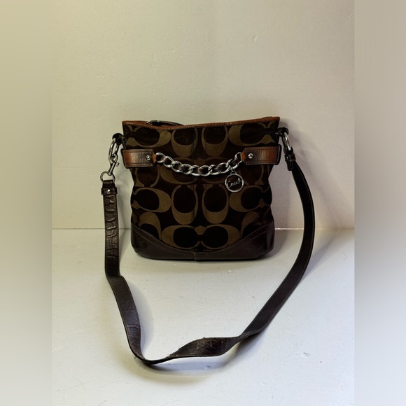 Coach Brown/Bronze Signature Monogram Chain Accent Purse Crossbody Handbag - Picture 1 of 12